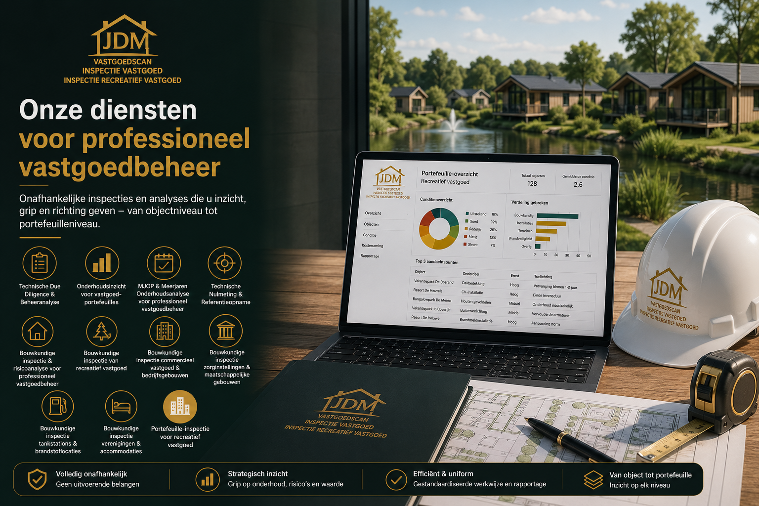 Dienstenpagina JDM Inspectie Vastgoed – overzicht van bouwkundige inspecties, technische analyses, MJOP, nulmetingen, due diligence en portefeuille-inspecties voor professioneel vastgoedbeheer
