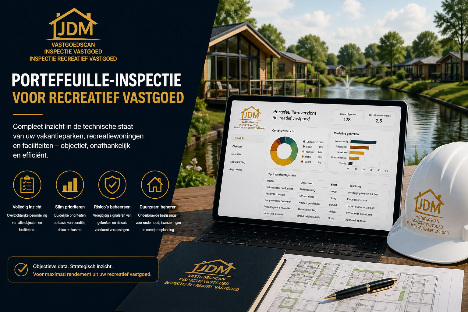 Portefeuille-inspectie voor recreatief vastgoed door JDM Inspectie Vastgoed – integraal inzicht in technische staat, onderhoud, risico’s en strategisch beheer van vakantieparken en recreatieve vastgoedportefeuilles